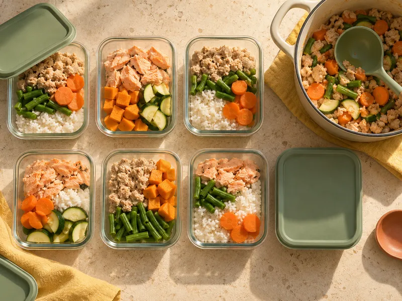 Seven containers filled with different dog-food bowls from one cooking session