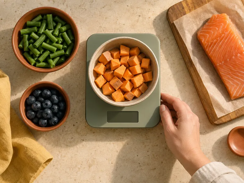 Diced sweet potato on a kitchen scale among small bowls of ingredients