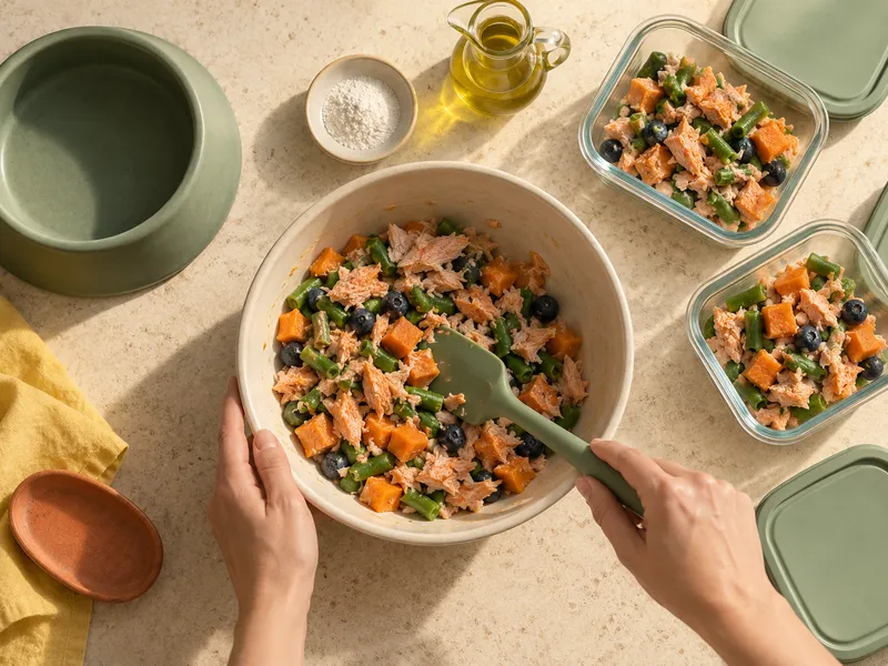 Salmon, sweet potato and green beans mixed and portioned into containers